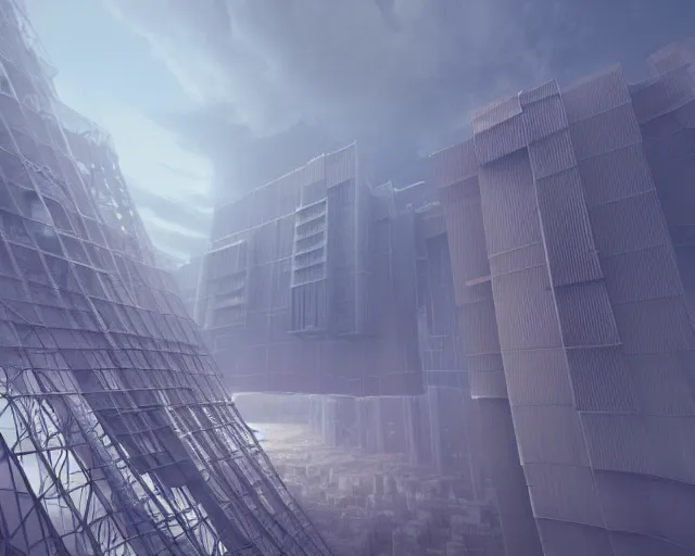 Prompt: a picture of a large building in the sky, a matte painting by mike winkelmann, cgsociety, deconstructivism, matte painting, matte drawing, cryengine