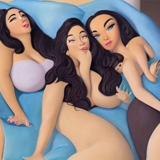 Prompt: stunning, coherent, beautiful painting, still of a group of bbw models taking a picture of each other posing in the same bed , they are all laying down , 3d, in the style of pixar, smooth, 3d, highly detailed, highly detailed, sharp focus, bokeh, depth of field, 16k resolution, Unreal Engine 5, coherent, cinematic lighting, photorealistic