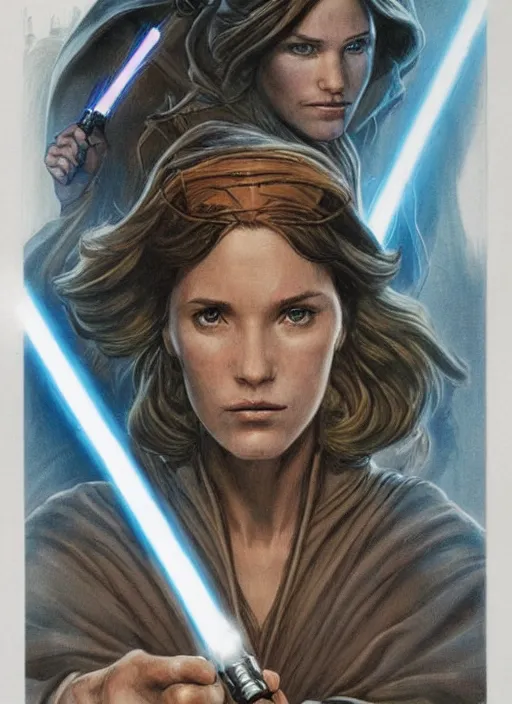 Prompt: movie poster by iain mccaig and magali villeneuve, a beautiful woman jedi master, highly detailed. star wars expanded universe, she is about 2 0 years old, wearing jedi robes.