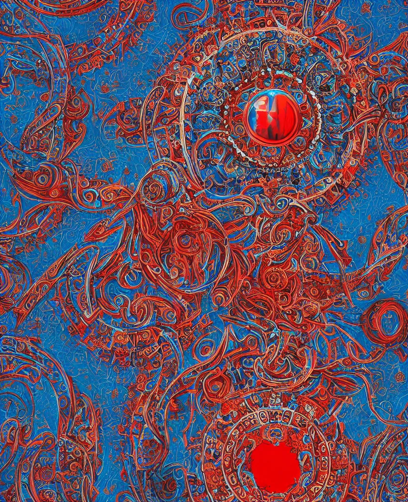 Image similar to structure of the oracle, blue colors with red accents, intricate and ornate, highly detailed fantasy digital painting