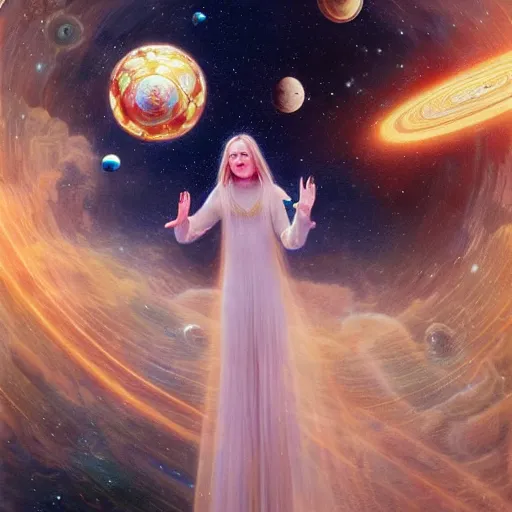 Prompt: a striking hyper real illustration of Elle Fanning in space by Edwin Blashfield