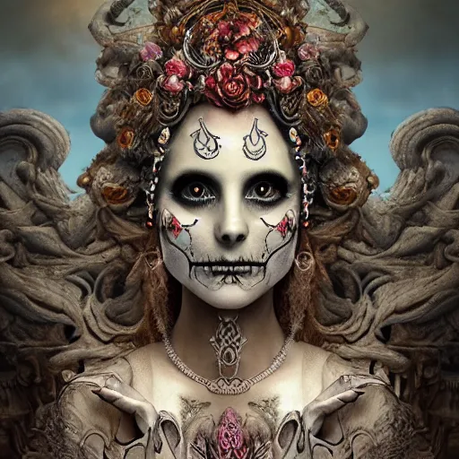 Image similar to a beautiful detailed 3d matte painting of female goddess of the dead, ominous, magical realism, texture, intricate, ornate, royally decorated, skull, skeleton, whirling smoke, embers, red adornements, 8k