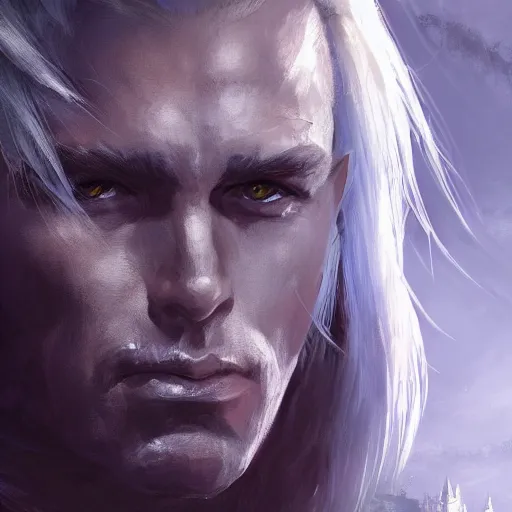 Image similar to closeup portrait of drizzt do'urden, drow elf, dungeons and dragons character, castle background, gorgeous view, realistic, high detail, digital art, painted by greg rutkowski, painted by jeremy mann, trending on artstation