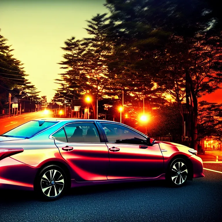 Image similar to close-up-photo TOYOTA CAMRY middle of street, sunset kanagawa prefecture, night, cinematic color, photorealistic, highly detailed,