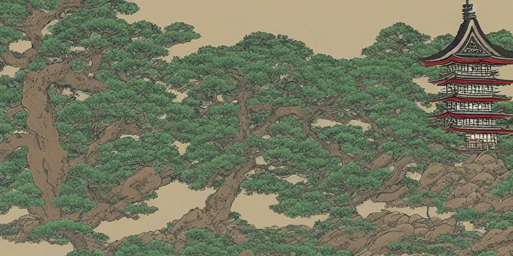 Prompt: japanese landscape with pagoda, trees and rocks, detailed, in the style of studio ghibli