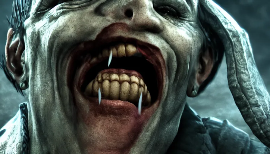 Prompt: close - up skyrim character screenshot of the joker screaming at you about society, solo portrait, enb, 4 k, bokeh, beautiful, detailed