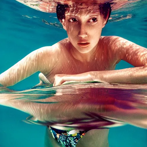 Image similar to underwater photography full portrait of a young beautiful woman swimming by terry o'neill