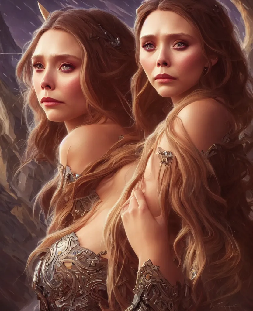 Image similar to Elizabeth Olsen, closeup, D&D, fantasy, intricate, elegant, highly detailed, digital painting, artstation, concept art, matte, sharp focus, illustration, hearthstone, art by Artgerm and Greg Rutkowski and Alphonse Mucha