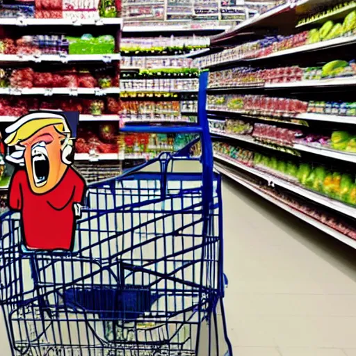 Image similar to a supermarket where every shopping cart includes a tiny, angry clone of donald trump that sits in the basket and screams for the duration of your shopping trip