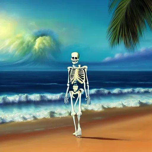 Image similar to Beautiful digital painting portrait of relaxed skeleton walking on the tropical beach with nuclear bomb explosion on the ocean in the background, high quality, trending on Artstation, highly detailed big nuclear explosion in the background, realistic, tropical color scheme, anatomically correct skeleton, high coherence, beautiful aesthetic lighting