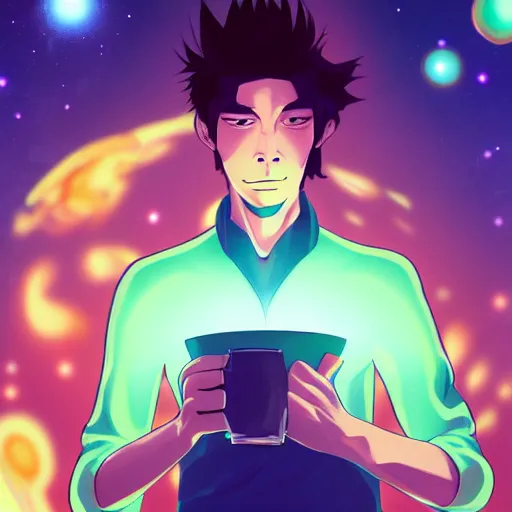 Image similar to A man drinking a cup of cosmic energy bright light by Masafumi Harada, 4k, digital art, surreal, anime style, space dandy style, highly detailed, godsend, artstation