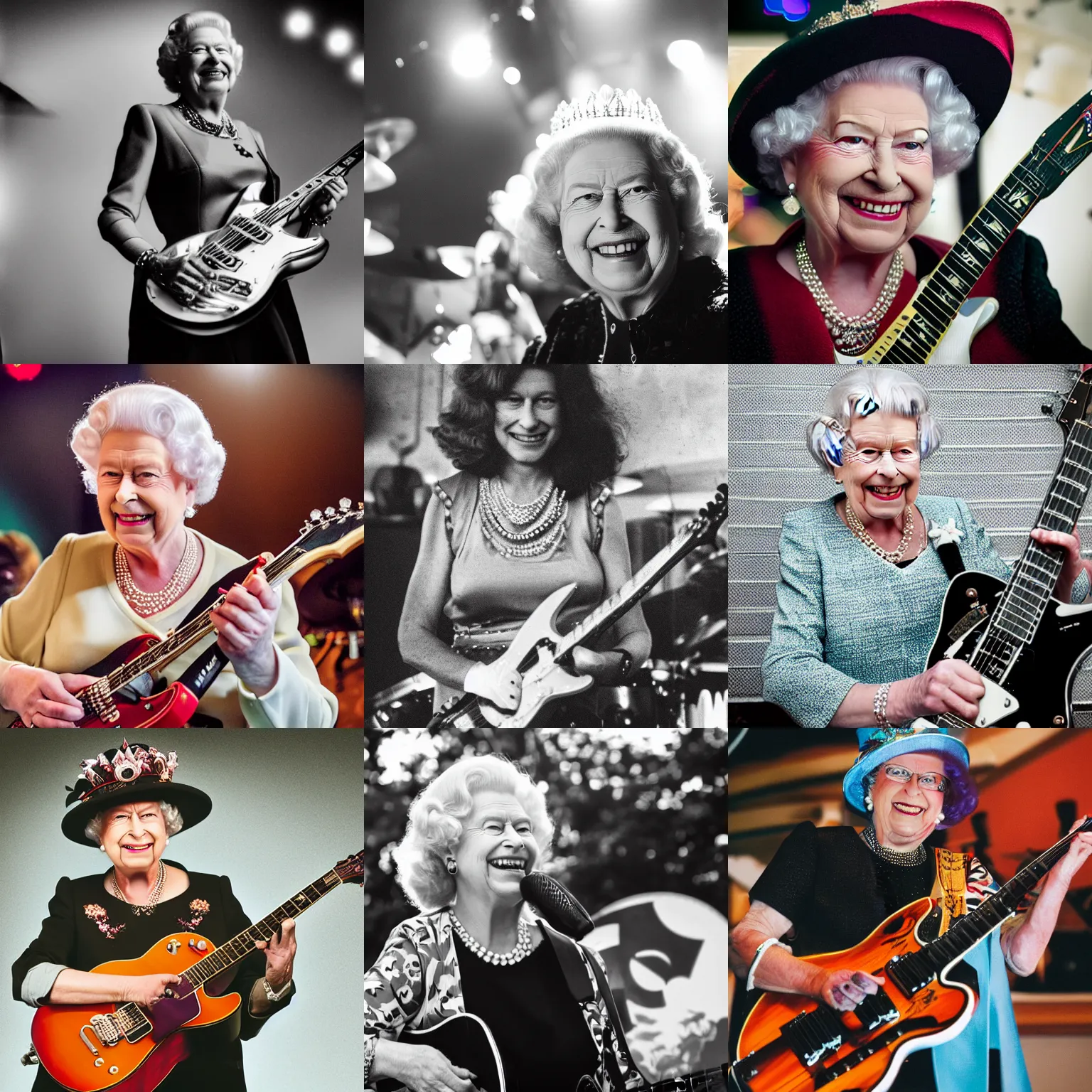 Prompt: Queen Elizabeth smiling while playing electric guitar in a heavy metal band, portrait photography, depth of field, bokeh