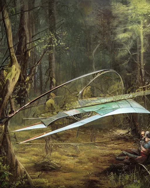 Image similar to ornithopter abandoned in a forest, illustration by wojciech siudmak, art station