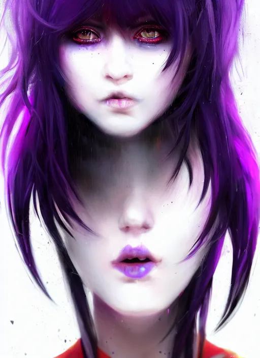 Prompt: hair blackbangs hair, white cyberlox, portrait of normal teenage girl, normal face, black bangs, messy bangs, fluffy bangs, cyberlox, whitebangs, red contact lenses, purple background, intricate, elegant, highly detailed, digital painting, artstation, concept art, sharp focus, smooth, illustration, art by wlop, mars ravelo and greg rutkowski