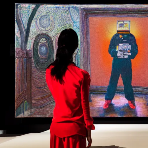 Prompt: art curator looking at a screen with a painting of virtualboy, recursive, on stage in the middle of a fashion show in the style of grand chamaco and stanley kubrick, inspired by juana molina, photorealistic, epic, super technical, cinematic still