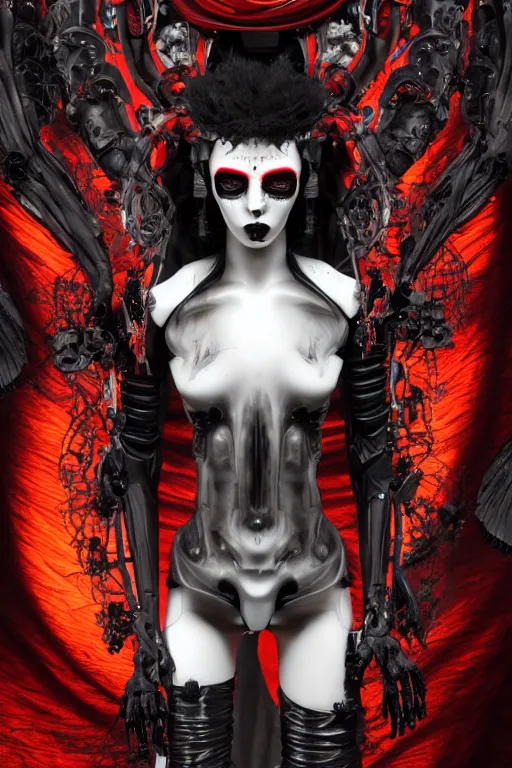 Image similar to full-body cyberpunk style sculpture of a young beautiful dark priestess, half android with a head opening exposing circuitry. glowing red eyes, black roses, flowing blood red colored silk, fabric, candles. baroque elements, human skull. full-length view. baroque element. intricate artwork by caravaggio. crows flying in background. Trending on artstation, octane render, cinematic lighting from the right, hyper realism, octane render, 8k, depth of field, 3D