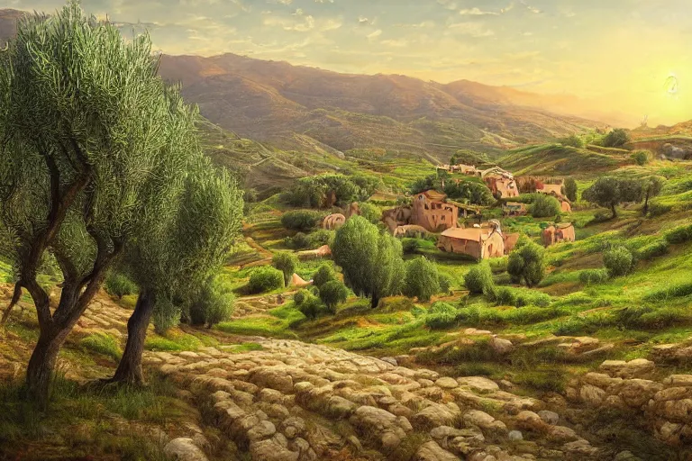 Image similar to beautiful amazing mind-bending stunning inspiring painting of a traditional hilly rural town landscape with many olive trees!, fantasy, painted in photoshop, digital art, hyperrealistic, sharpened, highly detailed, cinematic, wide angle, warm lighting, trending on artstation