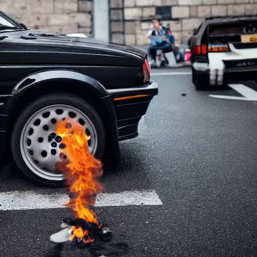 Image similar to close - up of angry greta thunberg with a bmw m 3 e 3 0 in the background, spewing black smoke from it's exhaust