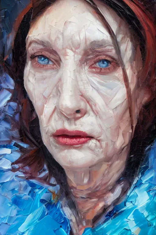 Prompt: palette knife oil painting portrait dr krystal knight, woman, late 4 0 s, eyes filled with icy hate, extreme detail, artstation trending, ice, cold, freezing, blue, artgerm, any racial background, deviant art, octane, substance, art history 8 k