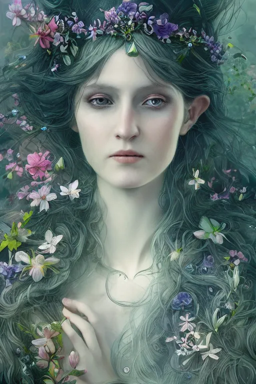 Image similar to a portrait of a beautiful elvish goddess with flowers in her hairs , fairy-like , 8k, highly detailed, sharp focus, ethereal clothes, astral environment, in style of Anna Dittmann and Mark Arial and Artgerm and Gerald Brom