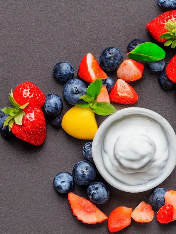 Image similar to miniature diorama of yogurt with fruits