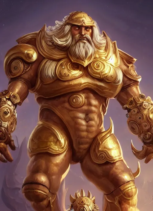 Image similar to a highly detailed illustration of gentle colossal golden horned greek mechanical giant, with cute doting eyes, intricate, elegant, highly detailed, centered, digital painting, artstation, concept art, smooth, sharp focus, league of legends concept art, wlop.