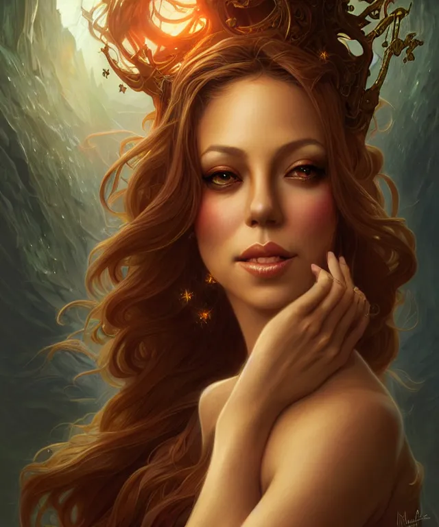 Image similar to Mariah Carry as a fantasy magic woman portrait, sci-fi, amber eyes, face, long hair, fantasy, intricate, elegant, highly detailed, digital painting, artstation, concept art, smooth, sharp focus, illustration, art by artgerm and greg rutkowski and alphonse mucha