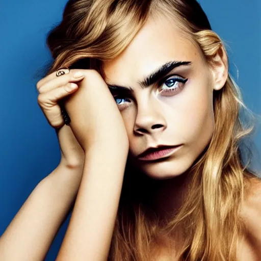 Prompt: photo of a gorgeous 20-year-old Cara Delevingne with 2050s hairstyle by Mario Testino, detailed, head shot, award winning, Sony a7R -