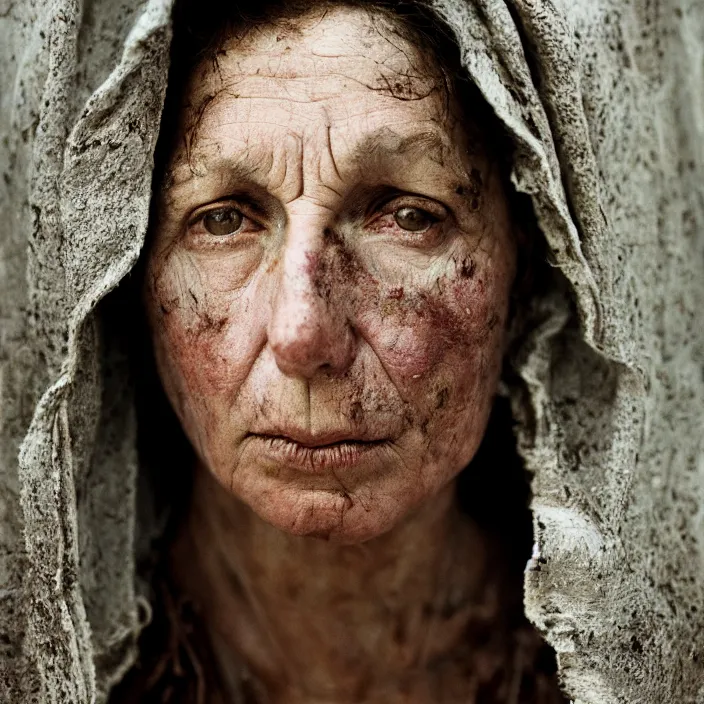 Prompt: closeup portrait of a sad woman with a cloak made of stone, standing in a busy messy kitchen, by Annie Leibovitz and Steve McCurry, natural light, detailed face, CANON Eos C300, ƒ1.8, 35mm, 8K, medium-format print