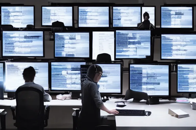 Image similar to detailed realistic photo of a group of hackers working, dimly lit room, computer screens, dramatic dim lighting, coherent composition