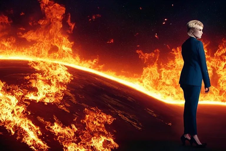 Image similar to a moody photograph of a confident caucasian woman in her 6 0's with short blonde hair wearing a tailored yellow suit standing against a backdrop of the planet earth engulfed in flames. photograph by annie leibowitz, cinematic lighting, sci fi, futuristic