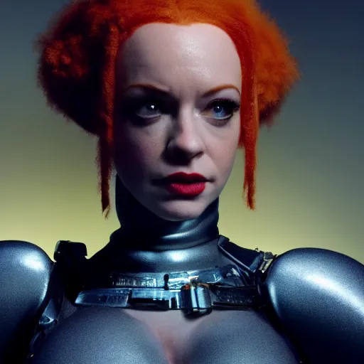 Image similar to a young Christina Hendricks dressed like lilu from the fifth element. Full frontal photography, bare, highly detailed, film still, looking at camera, symmetrical, Zeiss Lens, Octane Render, 8k resolution redshift