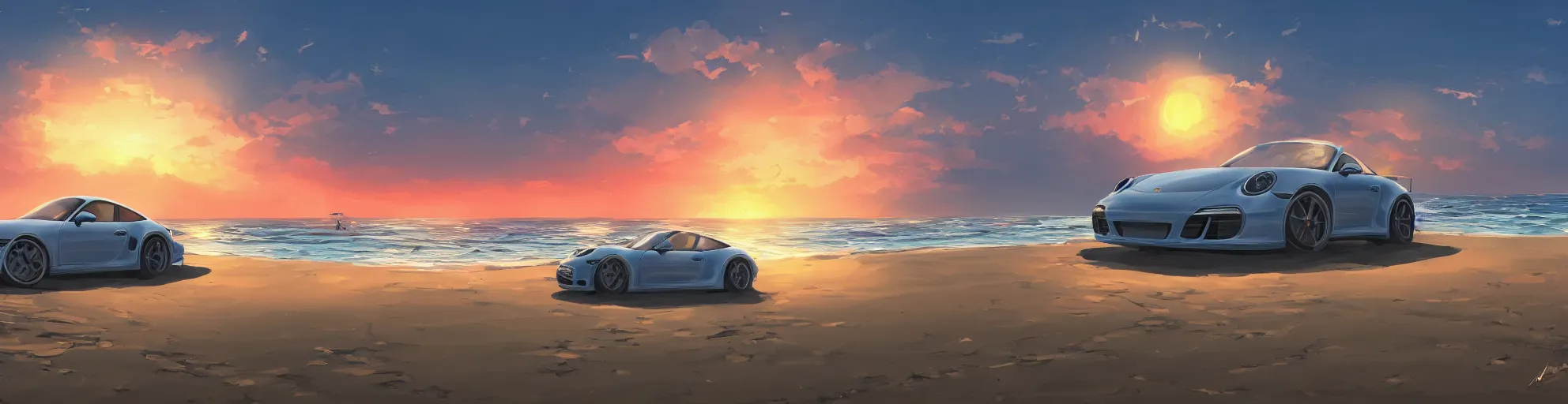 Prompt: beautiful, detailed digital painting of a porsche 9 1 1 on the beach and looking at the sunset, anime by makoto shinkai, sand, waves, trending on artstation