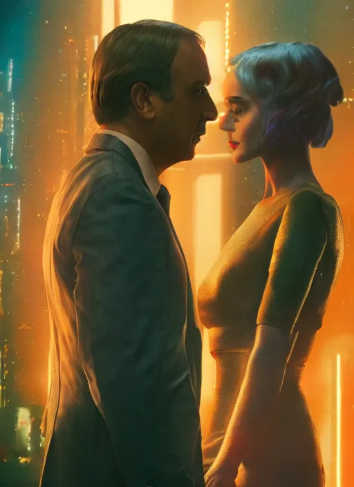 Prompt: a close - up, color cinema film still of saul goodman & katy perry in blade runner 2 0 4 9, cinematic lighting at night.