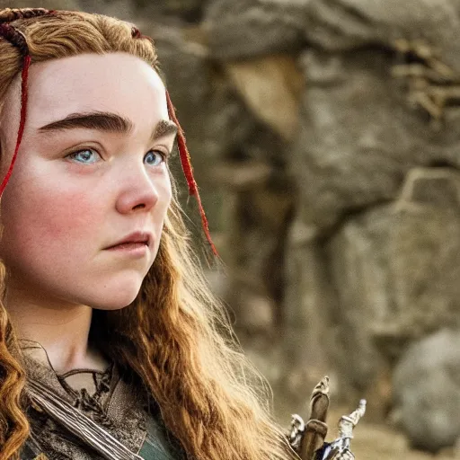 Prompt: first photos of 2 0 2 4 female lotr remake - florence pugh as gimli, ( eos 5 ds r, iso 1 0 0, f / 8, 1 / 1 2 5, 8 4 mm, postprocessed, crisp face, facial features )