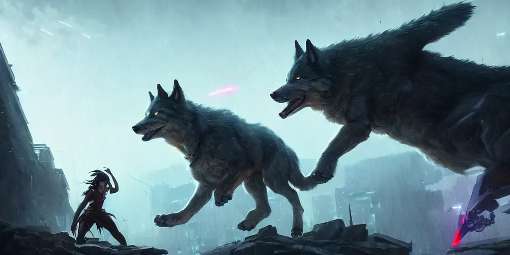 Image similar to A battle inside the city. Giant wolf is attacked by laser beams, raining, epic. In style of Greg Rutkowski, Jesper Ejsing, Makoto Shinkai, trending on ArtStation, fantasy, great composition, concept art, highly detailed, scenery, 8K, Behance.