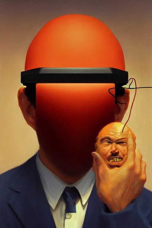 Image similar to Satoshi Nakamoto wearing oculus and bitcoin over his head Edward Hopper and James Gilleard, Zdzislaw Beksisnski, highly detailed