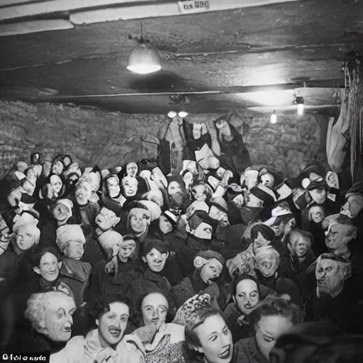 Prompt: in Britain's front line towns… with a cheerful spirit, shelterers have got together and made the most of nights underground… in a London shelter, gaily decorated by the womenfolk, a concert is being held, 1941 photo