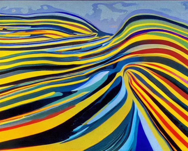 Image similar to A wild, insane, modernist landscape painting. Wild energy patterns rippling in all directions. Curves, organic, zig-zags. Saturated color. Mountains. Clouds. Rushing water. Wayne Thiebaud.