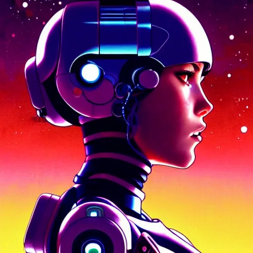 Image similar to side portrait scifi cyborg girl with robotic parts and spacesuit | | head only in center of image, audrey plaza, fine detail!! anime!! realistic shaded lighting!! poster by ilya kuvshinov katsuhiro otomo ghost - in - the - shell, magali villeneuve, artgerm, jeremy lipkin and michael garmash and rob rey