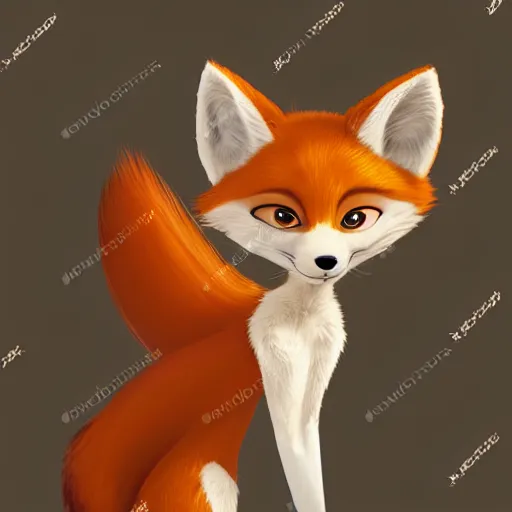 Prompt: upper half portrait of a anthropomorphic female fox with short white fur covering her body in the style of zootopia, top down view, centered on face, white fur, white skin