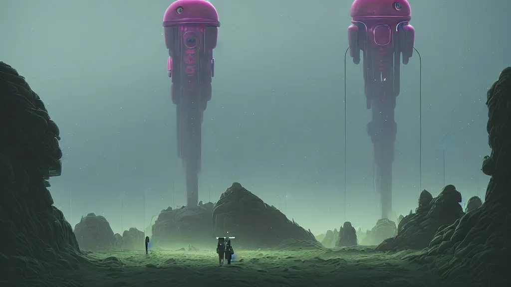 Prompt: alien landscape by simon stalenhag, beeple, makoto shinkai, digital painting, trending on artstation, beautiful, weird, another universe, alien foliage plants, alien flowers, robot