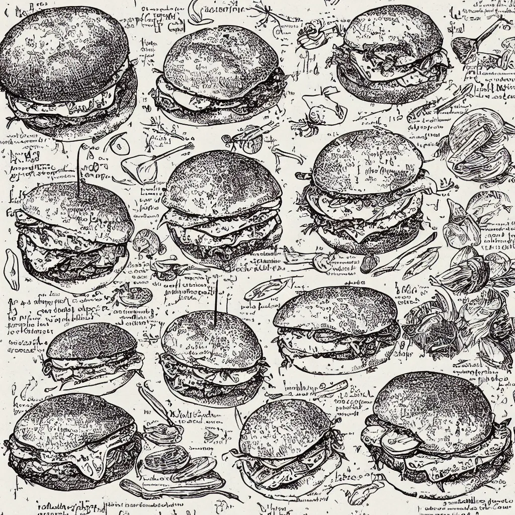 Image similar to illustrated recipe for an hamburger, lot of medieval enluminures in the background, found schematic in a notebook