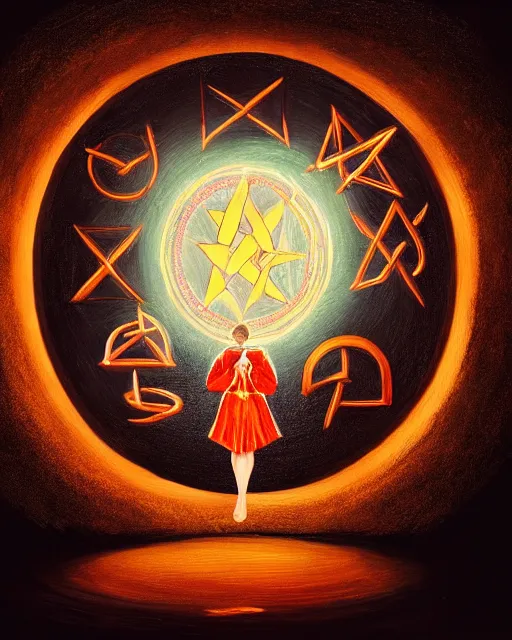 Prompt: oil painting of mage reciting an incantation and standing on glowing circular runes in the middle of dark room, high production value, intricate details, high resolution, hyperrealistic, hdr, high definition, masterpiece, ultra realistic, highly detailed, hd, sharp focus, non blurry, sharp, smooth