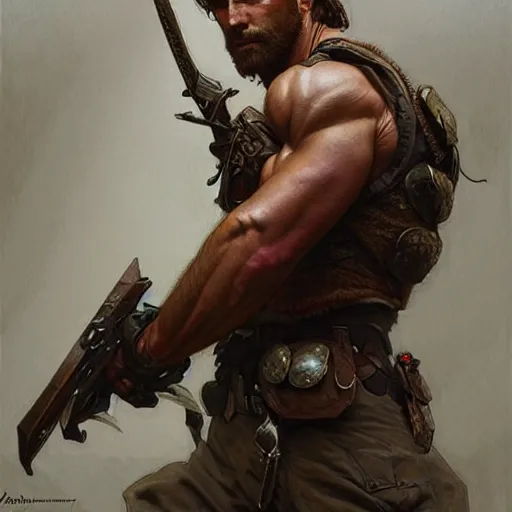 Image similar to portrait of a rugged ranger, muscular, upper body, blood, D&D, fantasy, intricate, elegant, highly detailed, digital painting, artstation, concept art, smooth, sharp focus, illustration, art by artgerm and greg rutkowski and alphonse mucha