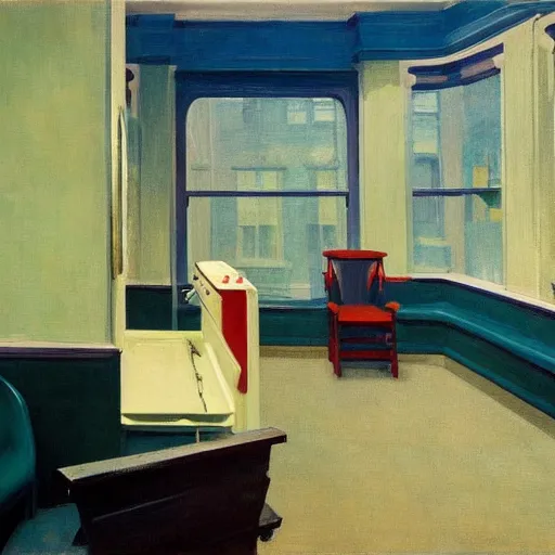 Prompt: the interior of a dental office painted by edward hopper