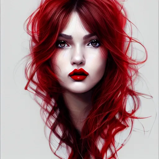 Image similar to a realistic illustration portrait of a beautiful cute girl with curly black and red hair, a pointy nose and, round chin black eyeliner, trending on artstation, hyper - realistic lighting, intricate