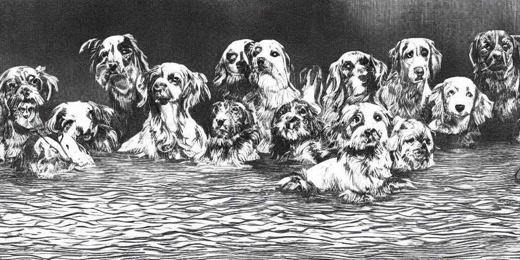 Image similar to an illustration of dogs swimming in a wide pool, vaudevillian, from 1890, detailed, vignette, high quality scan