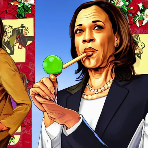 Image similar to gta 5 cover art of kamala harris eating a lolli - pop