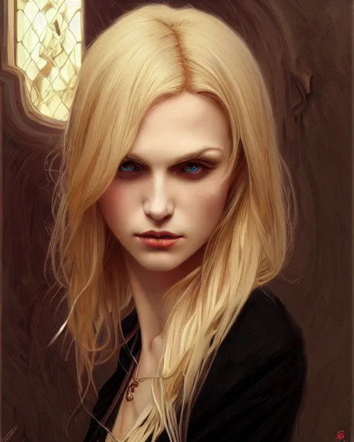 Image similar to portrait of a blonde vampire, dark, piercing eyes, gentle expression, elegant clothing, photorealistic, highly detailed, artstation, smooth, sharp focus, art by michael whelan, artgerm, greg rutkowski and alphonse mucha